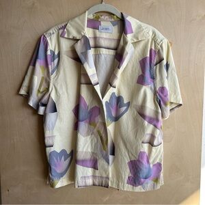 Saturdays NYC button up short sleeve Dani Lagoon Blooms Camp Collar in Pear